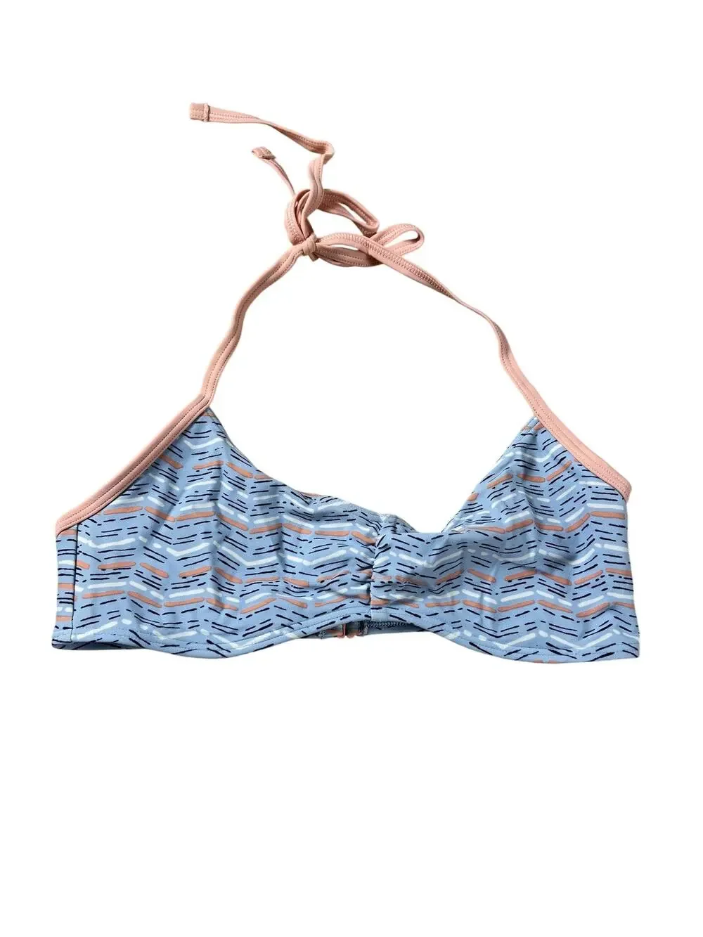 Aerie Swim Top Womens S Blue Striped Halter Bikini Lined Adjustable Peach Trim